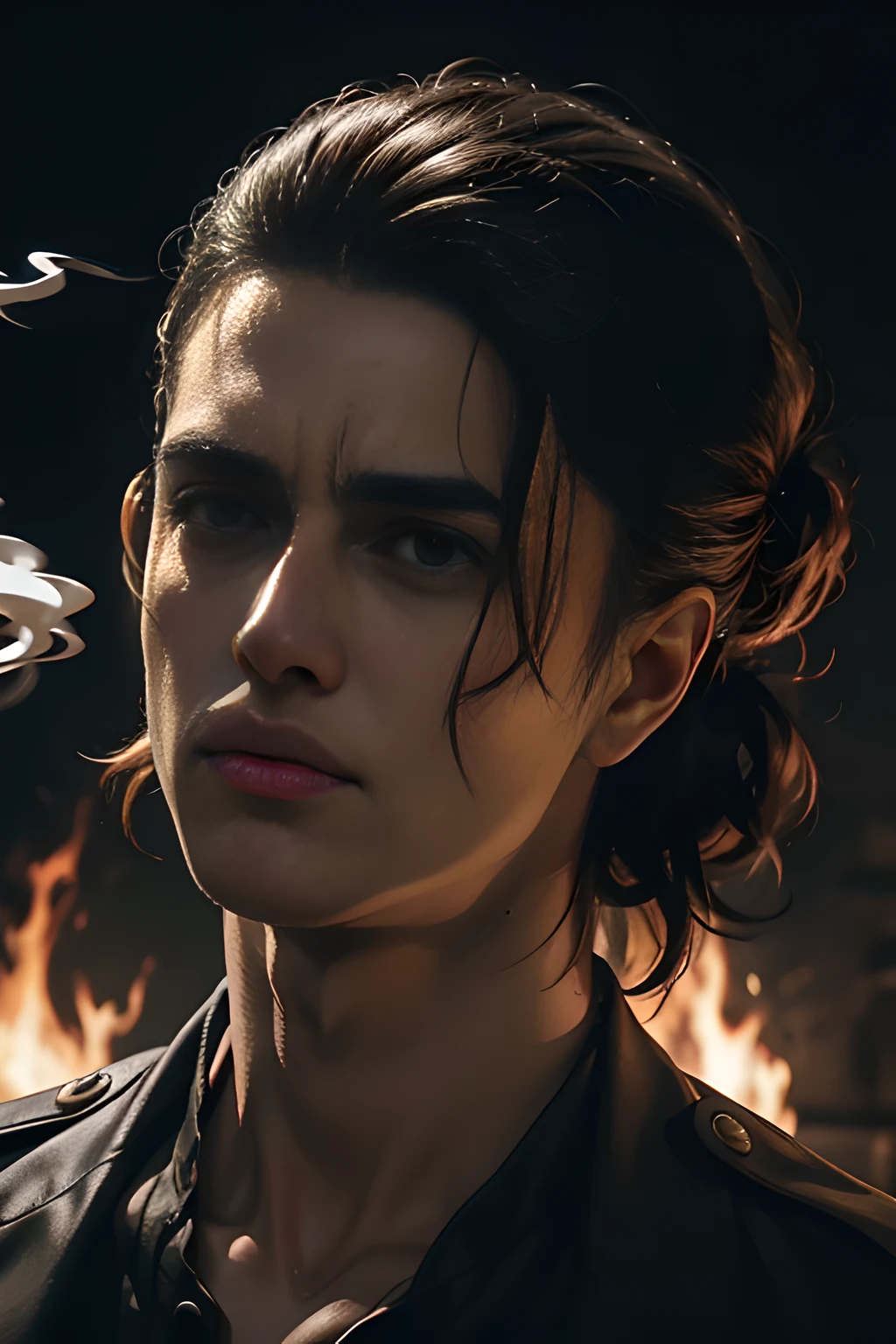 Detailed CG portrait of Eren Yeager with dynamic pose, dramatic lighting, and heavy contrast. His intense gaze catches the viewer's attention. Dark background with hints of smoke and fire, conveying a sense of danger and determination. High resolution and extremely detailed.