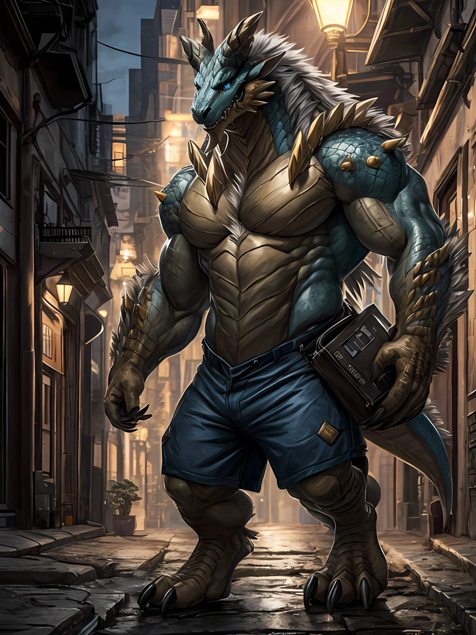 hexagons，zinogre， A male human dragon，Blue skin，The is erect，a backdrop of：Dimly lit streets，Blue shorts Big bag ，implied，Looks happy，A muscle，（digitgrade，toe claws），lamplight，4K level HD