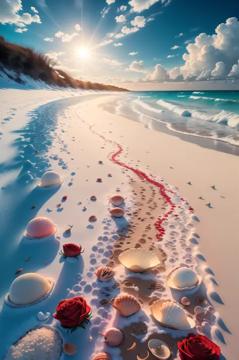 delicate scene,depth-of-field, 8k, the ivory sky,white clouds,and sunlight shine on the snow-white beach. the coral sea,and many...