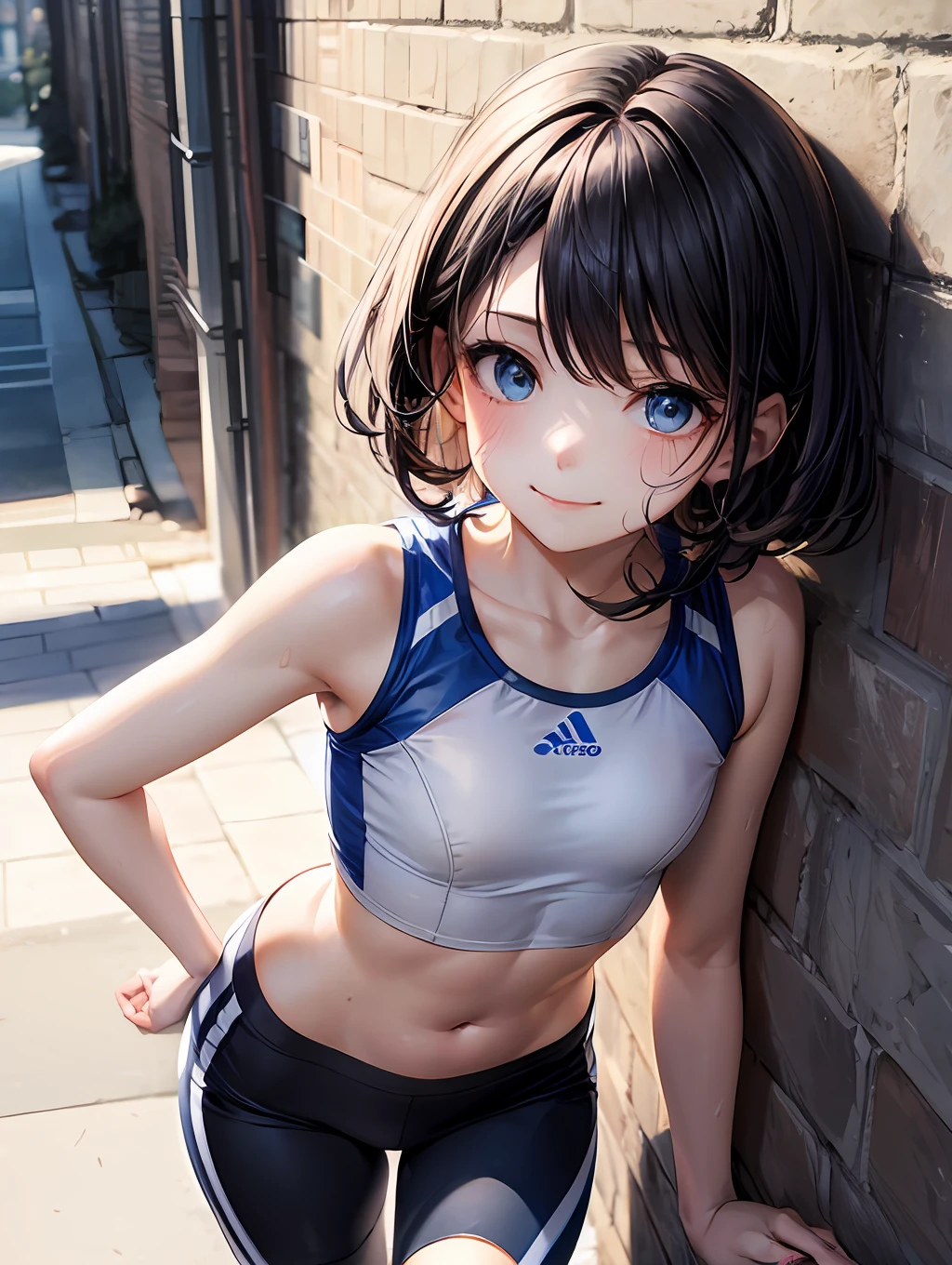 Anime girl leaning against a brick wall with her hands on her hips - SeaArt  AI