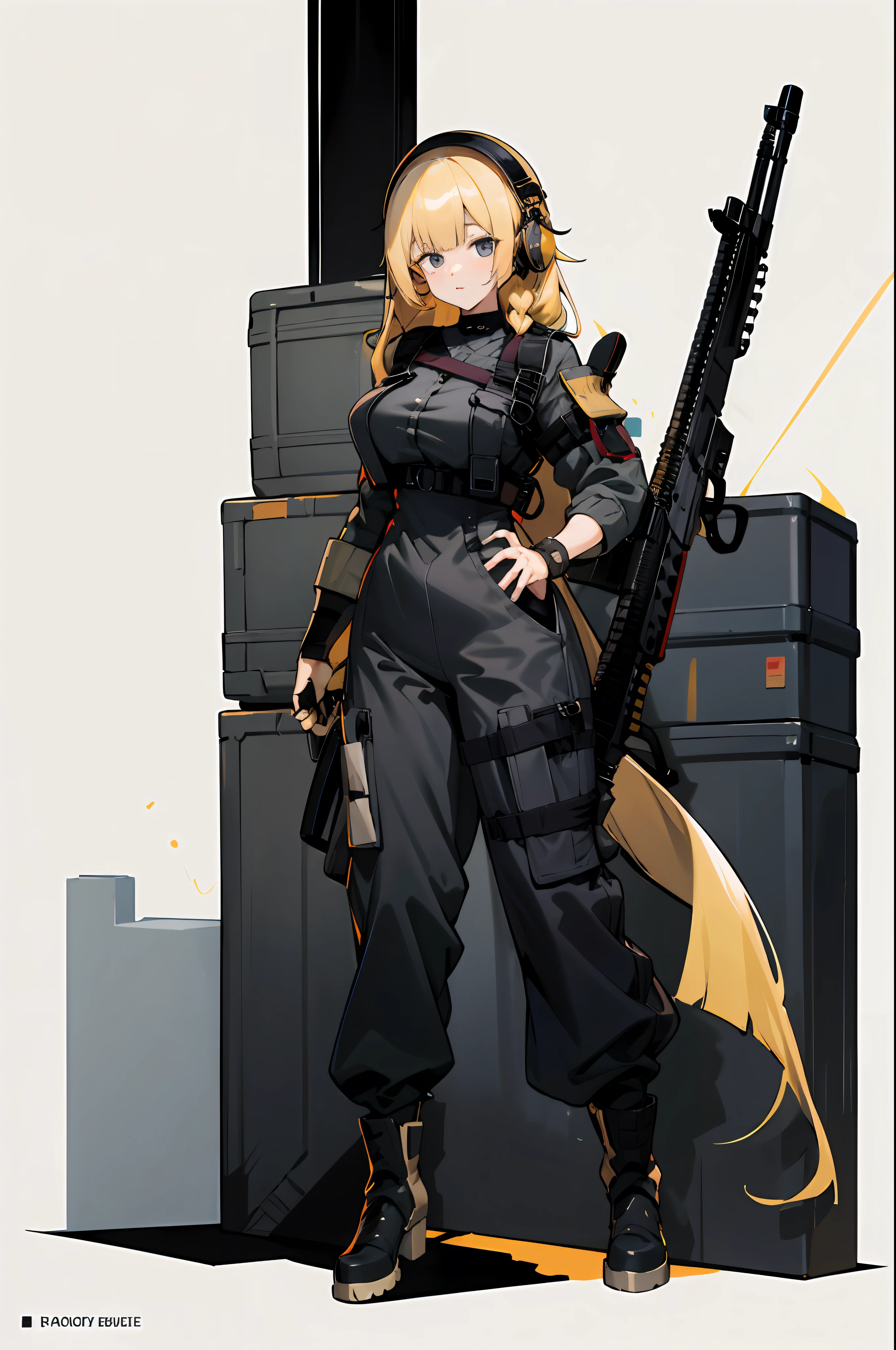 masterece-piece，Highest image quality，intricate-detail， 1girl huge large breasts, solo, white backgroung,militaryuniform， Long black curly hair, head phone, Body armor, looking looking at viewer，Black cargo trousers，With long blonde hair，assault rifle，Black boots，being thin