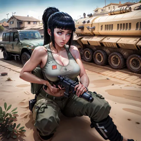 Hinata , army , army pants , tank top , gun , army car , out door gym , sand , best quality  , masterpiece  , 8k , best illustra...