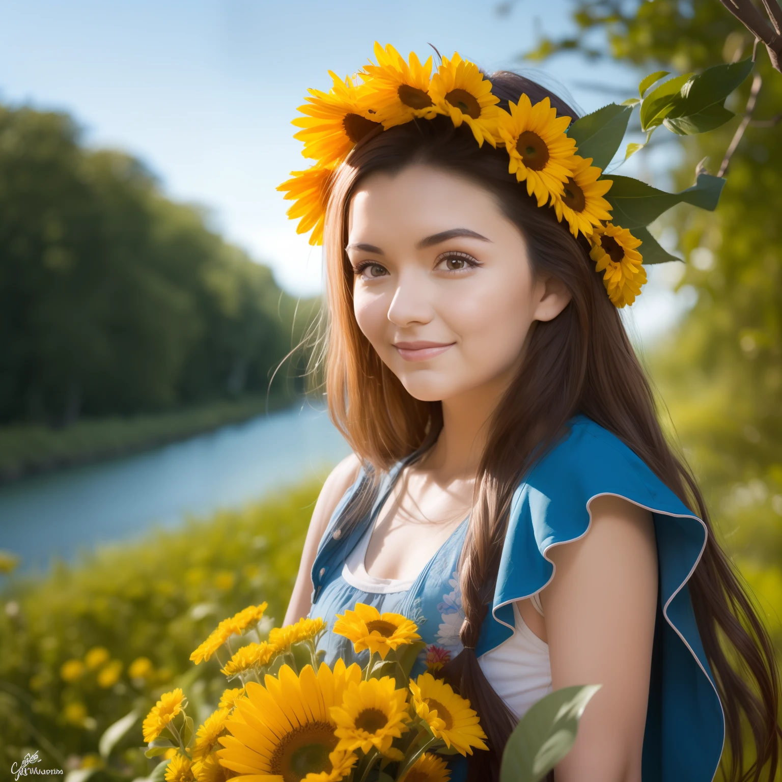 "In a magnificent blue sky adorned with majestic white clouds, there is a forest surrounded by lush greenery. Amongst this backdrop, filled with blooming sunflowers and a grand river, stands a young Ukrainian girl wearing traditional Ukrainian attire and a floral wreath. She is depicted from the waist up. With a confident smile of victory, the setting sun's rays reflect upon her cheeks, illuminating her face. Create a realistic image based on this description