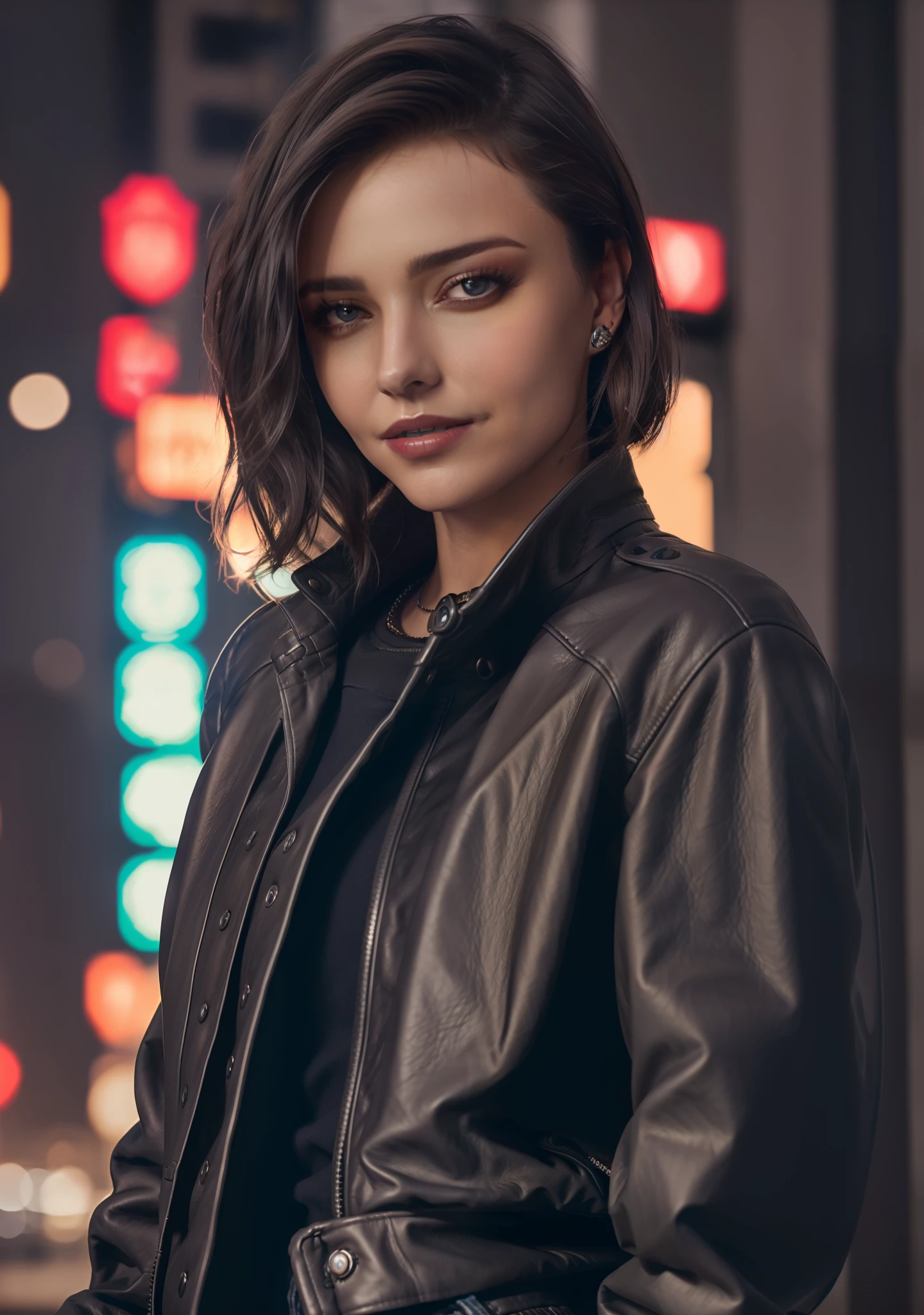 close up Portrait of MirKer as a beautiful female model, beatiful face, with short dark brown hair, in cyberpunk city at night. She is wearing a leather jacket, black jeans, dramatic  lighting, (police badge:1.2)