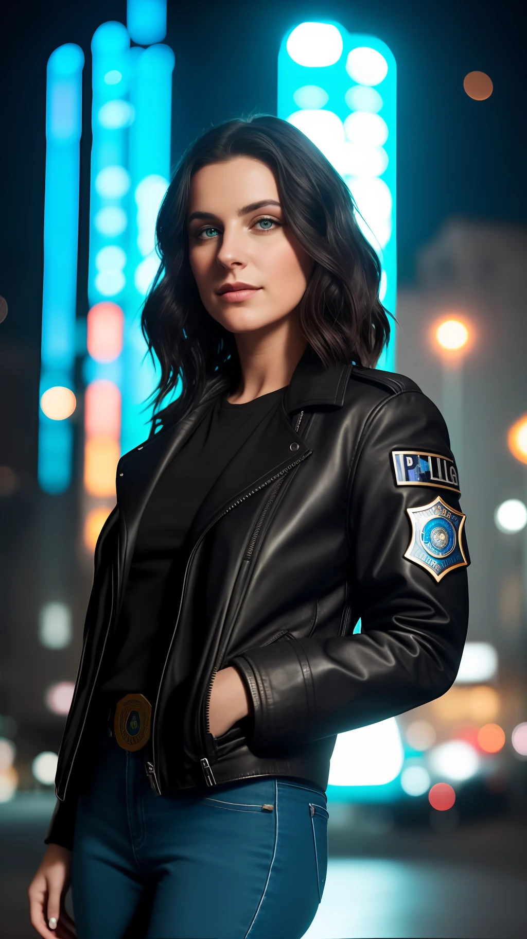 close up Portrait of MirKer as a beautiful female model, beatiful face, with short dark brown hair, in cyberpunk city at night. She is wearing a leather jacket, black jeans, dramatic  lighting, (police badge:1.2)