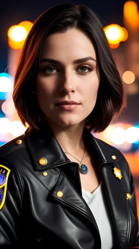 close up portrait of mirker as a beautiful female model, beatiful face, with short dark brown hair, in cyberpunk city at night. ...