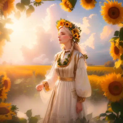 arafed woman in a dress and sunflowers in a field, Ukrainian national costume, ukrainian national clothes, slavic folk fairytale...