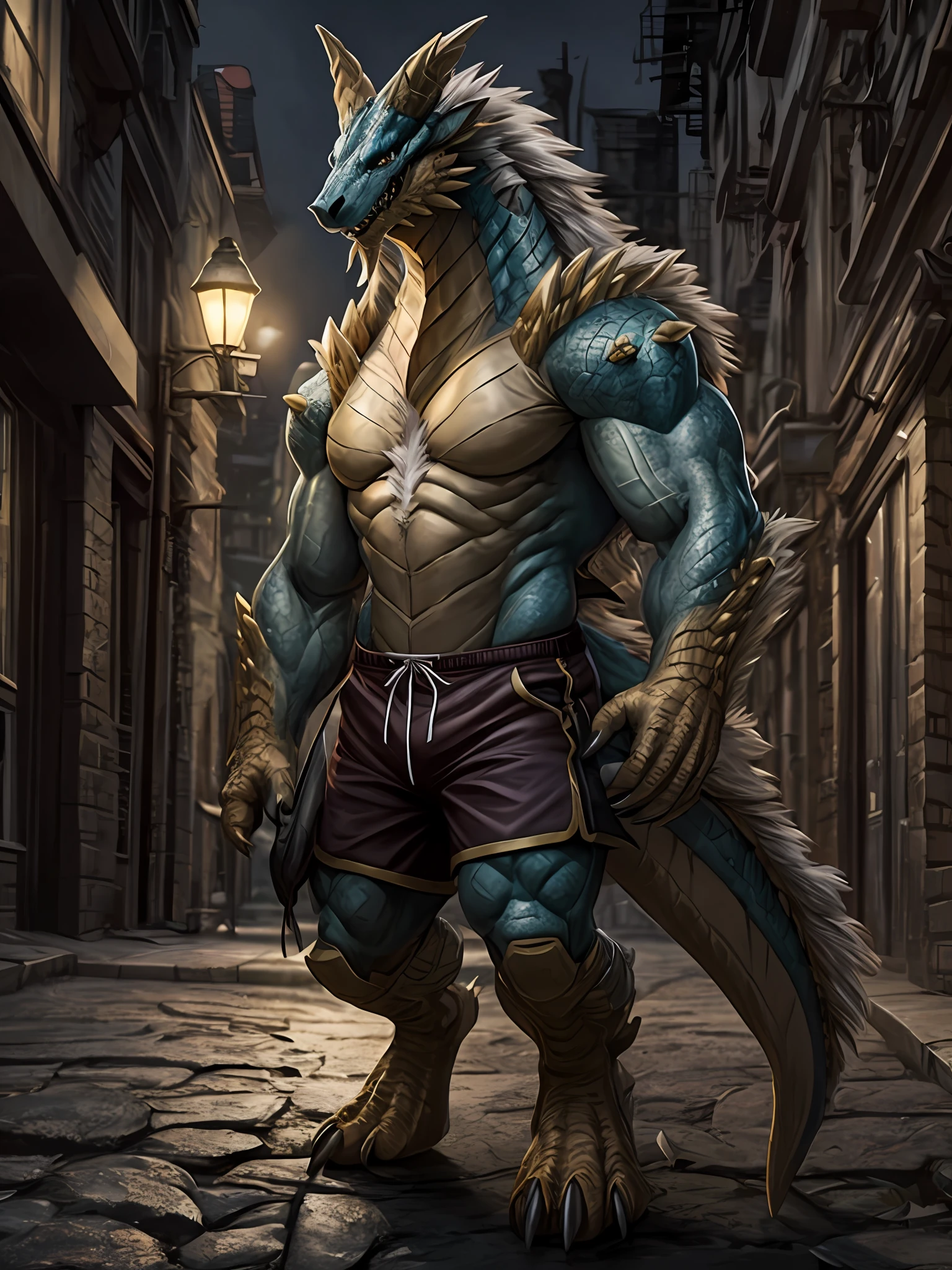 六边形，齐诺格雷， 一只雄性人类龙，蓝皮肤，是直立的，背景：灯光昏暗的街道，蓝色短裤+大包 ，默示，看起来很开心，一块肌肉，（数字级，趾爪），灯光，4K级高清