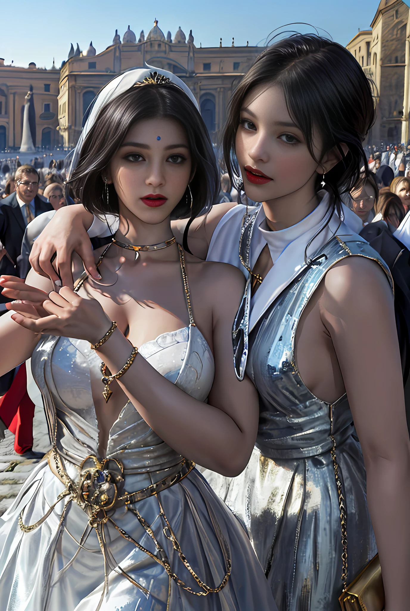 (Masterpiece, Best quality, Realistic),
1girl huge large breasts,(on the St. Peter's Square of Vatican,crowd of), st. Peter's Square of Vatican background,gypsy dress,(Princess Eyes,shiny pupils),Dancing,  Gold, banquet, crowd of, picking up skirt,
[Slight smile],