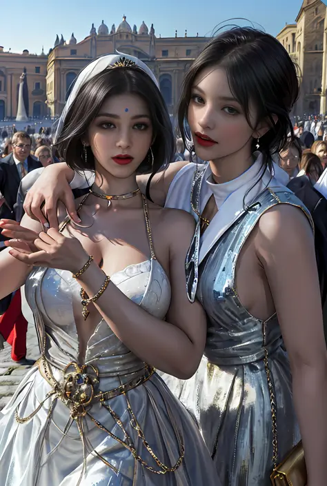 (巨作, Best quality, Realistic),
1girl huge large breasts,(on the St. Peter's Square of Vatican,crowd of), st. Peter's Square of V...