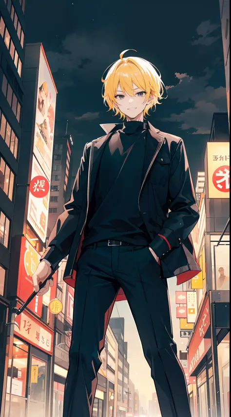 A man, dark yellow hair and black eyes, Standing in a bustling city, night, sharp short hair, badass, gently smile