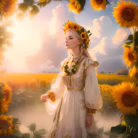 arafed woman in a dress and sunflowers in a field, Ukrainian national costume, ukrainian national clothes, slavic folk fairytale...