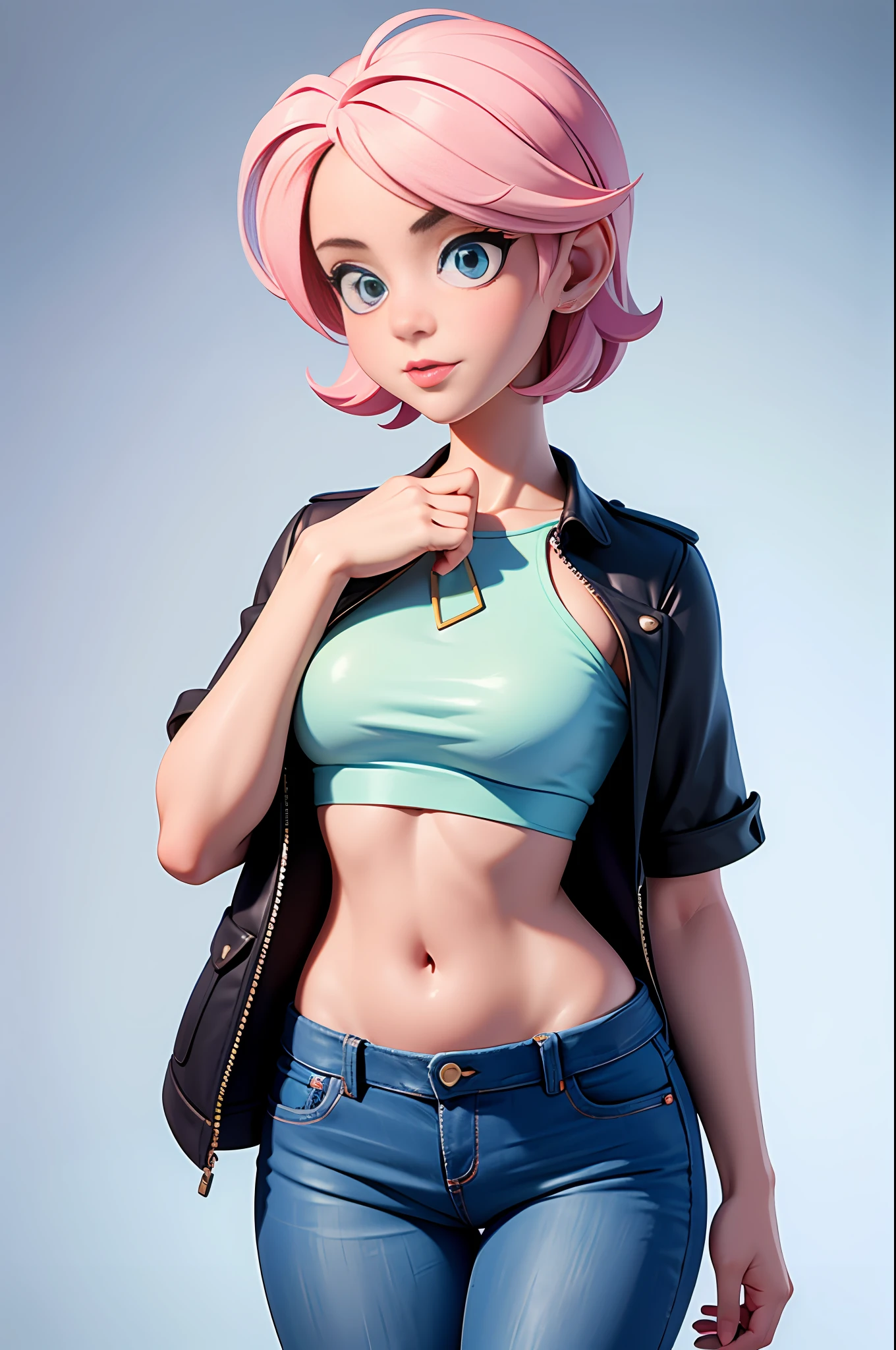 Super sexy Maria dressed （Low-cut and tight （Flared jeans））， （（Pink crop top top：1.5） Vest with exposed neckline）， Short hair, The hair is bluish white， photorealestic， photography of， （A high resolution）， （realisticlying：1.4）， （very intricate）， （exquisitedetails）， highly detaile， A high resolution， Original， Extremely detailed 8k wallpaper， Best Quority， Detailed face， hyper detailled， OriginalPhoto， realisticlying， （thigh gap：1.5）