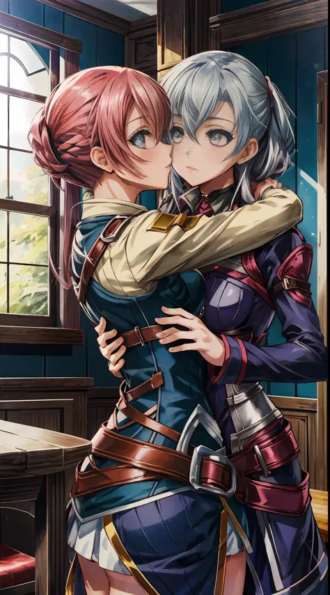 2 girls kissing and hugging, they are fie claussell and sara valestein (from cold steel trails 4), masterpiece, best quality, 8k...