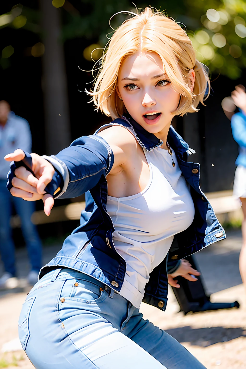 (((1 girl, cute, denim jacket, white top, jeans, Gloves, blond, short hair, bob hair, side parted hair, blue eyes))), (((blond hair))),
dynamic poses, manga style, depicting a group of characters in various action scenes, from intense battles to lighthearted moments, with dramatic speed lines and bold sound effects, capturing the excitement and energy of the story, Laser rays from the palm of hand, Attack forward with palm, yellowstone park, Grand Canyon,