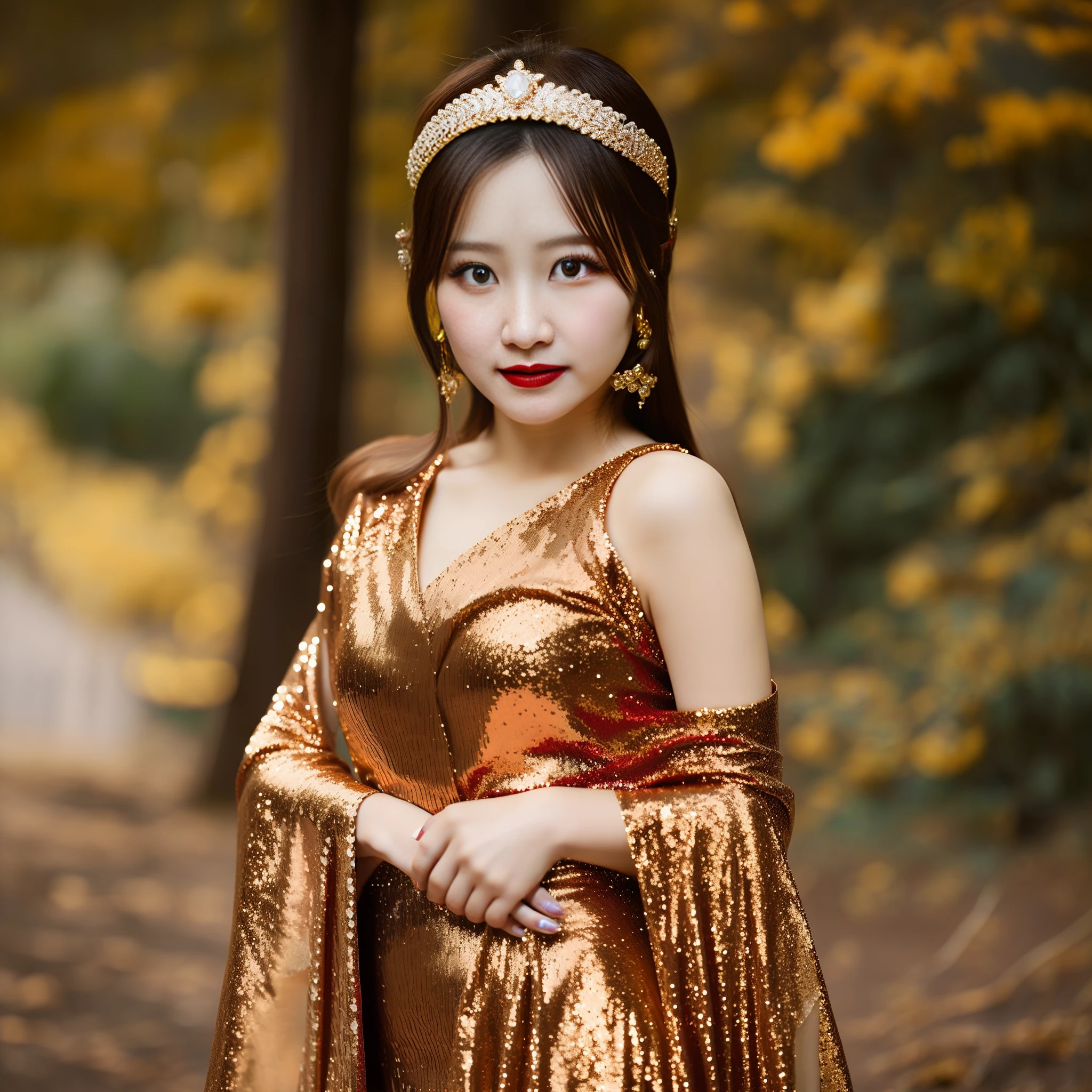 Liu Yifei，golden colour，dresscantabile，red pupils，lipsticks，Sequins，diadems，Harnes，exposing thighs，jewelries