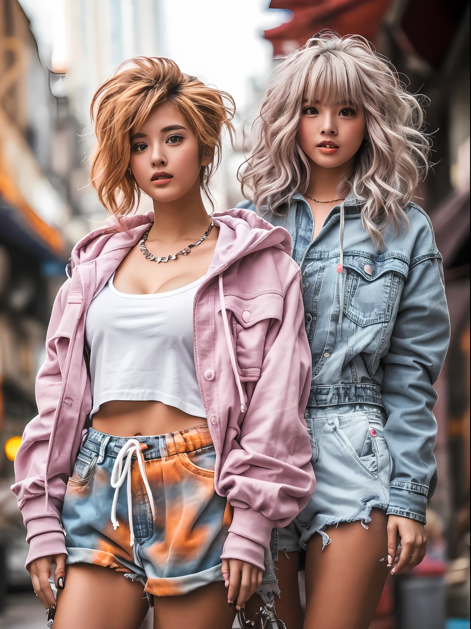 2 girls, fashionable street style , young, hoodie, denim shorts, croptop, side view, fun, colorful, ultra detailed, different hair style, run, full body, full shot, dynamic angle, extreme beautiful, city background, sparkling, Raw photo, shot by DSLR, best quality, ((sexy, huge breasts))