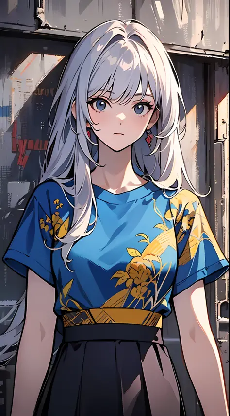 on the street, cyberpunk, a girl standing in front of a wall with newspaper pasted on the wall, silver hair, long hair, facial f...