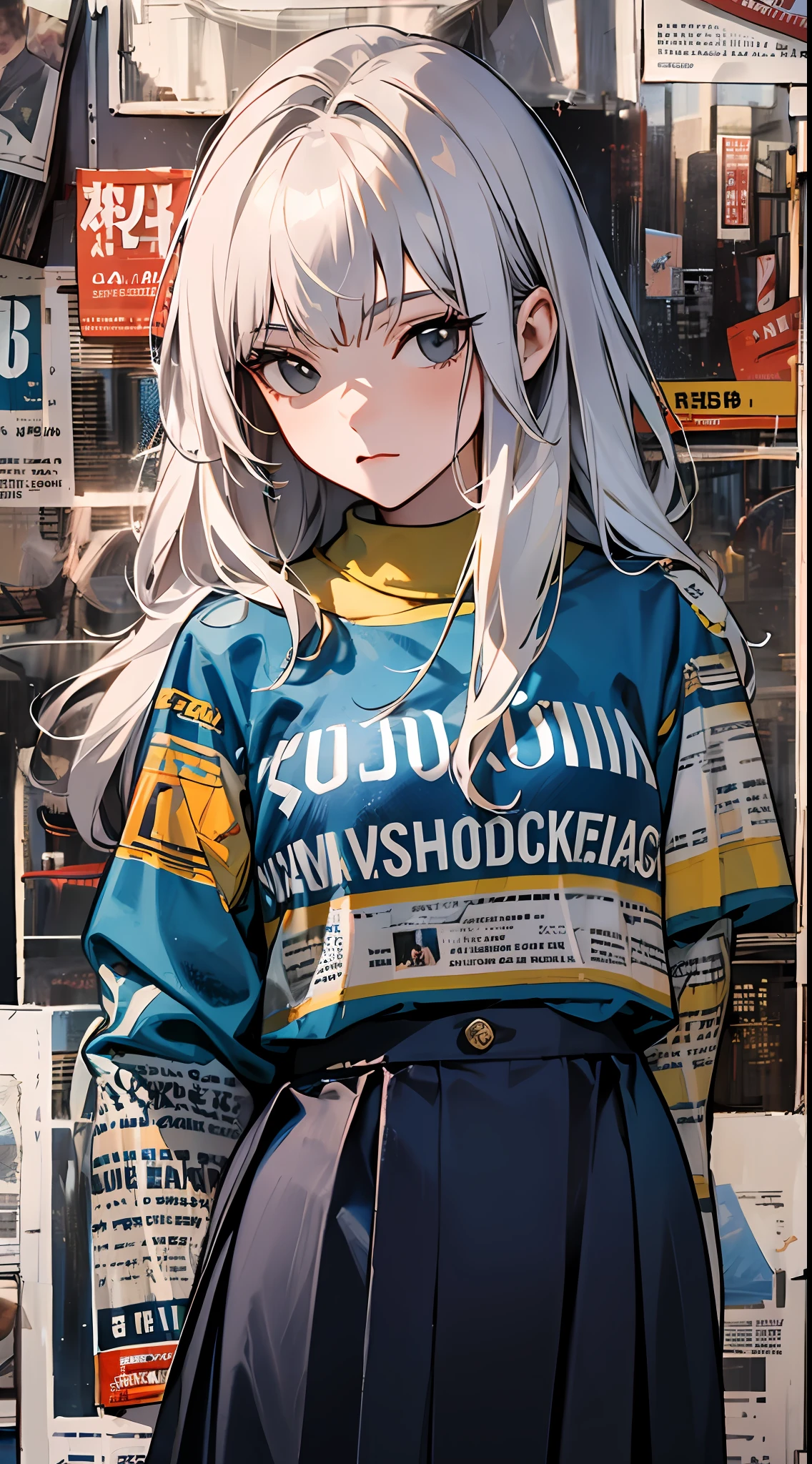 On the street, cyberpunk, a girl standing in front of a wall with newspaper pasted on the wall, silver hair, long hair, facial focus, black eyes, witty and beautiful facial features, green print t-shirt, apricot long skirt, split long skirt, embroidery pattern, dynamic pose, HDR, detailed details, fashion, cinematic light, detailed clothing texture, game CG, bright art style