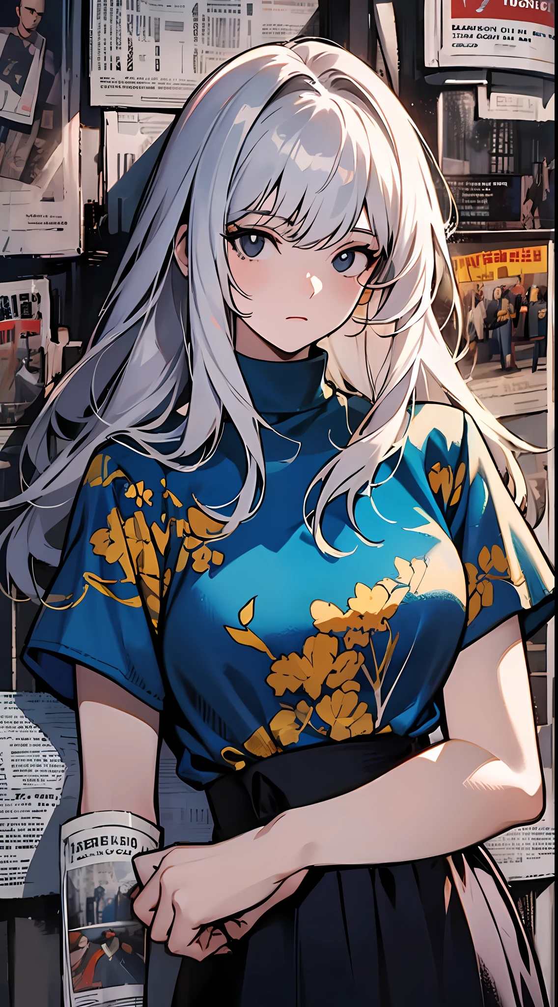 On the street, cyberpunk, a girl standing in front of a wall with newspaper pasted on the wall, silver hair, long hair, facial focus, black eyes, witty and beautiful facial features, green print t-shirt, apricot long skirt, split long skirt, embroidery pattern, dynamic pose, HDR, detailed details, fashion, cinematic light, detailed clothing texture, game CG, bright art style