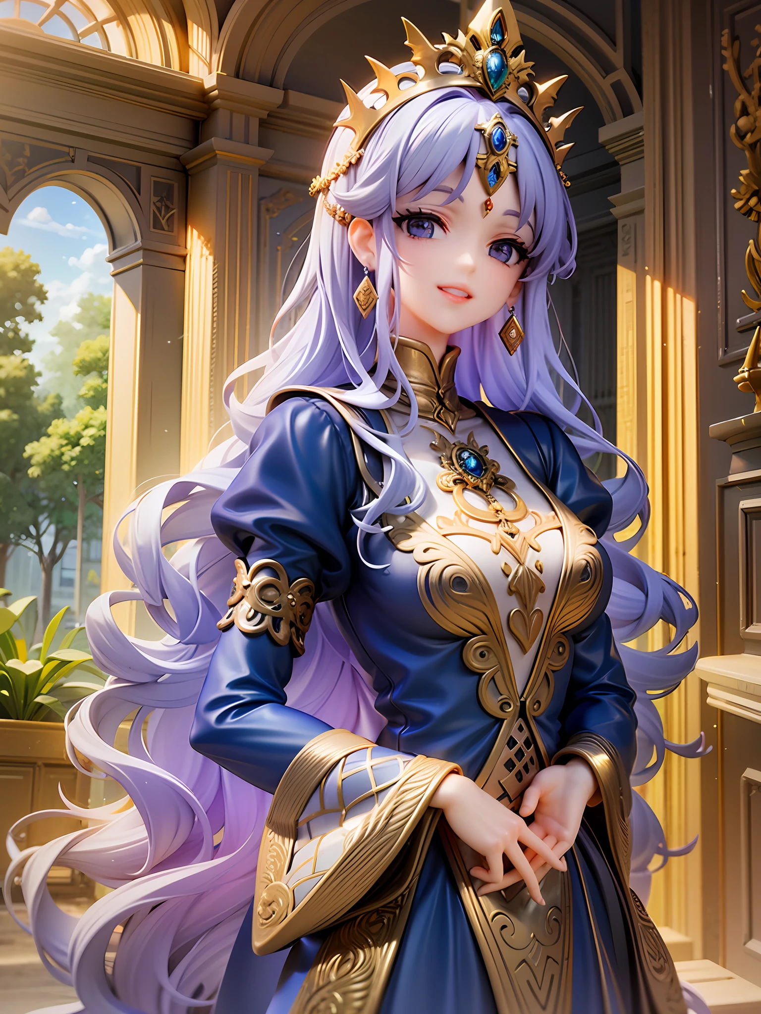 princess, royal blue, soft lavender, tiara studded with gemstones, intricate gold embroidery, serene smile, flowing royal gown, puffy sleeves, intricate gold embroidery, soft lavender hair, long wavy, royal blue eyes, elegant standing pose, lush palace garden background,