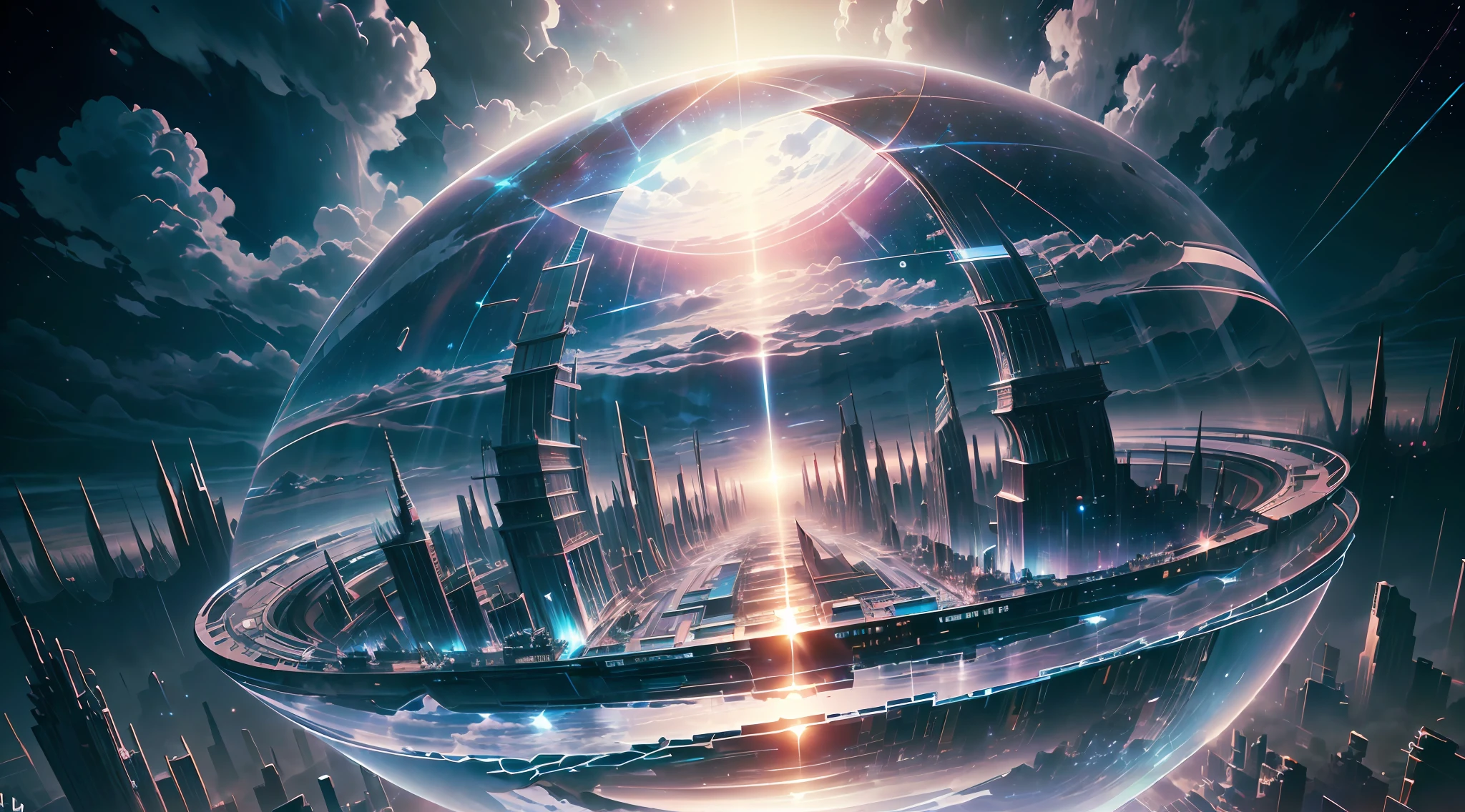 a giant mirrored sphere floating in space, a futuristic city within the sphere, new york, statue of liberty, perspective, twinkling lights, a man admiring, jeans, sweatshirt, (dark sky with clouds and stars:1.3), particles in the air, ray of god, detailed, masterpiece, high resolution, best quality, HD detail, hyper-detail, cinematic, surrealism, soft light, ray tracing and surrealism. --auto --s2