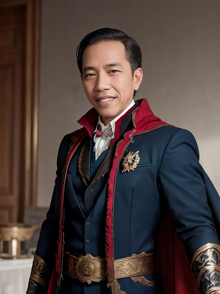 Bild von Jokowi, der ein Kostüm mit einem Umhang trägt, Arzt seltsam, dr strange, man as Arzt seltsam, film still from'Arzt seltsam', film still from 'Arzt seltsam', textlos, man as dr. strange, lächelnd