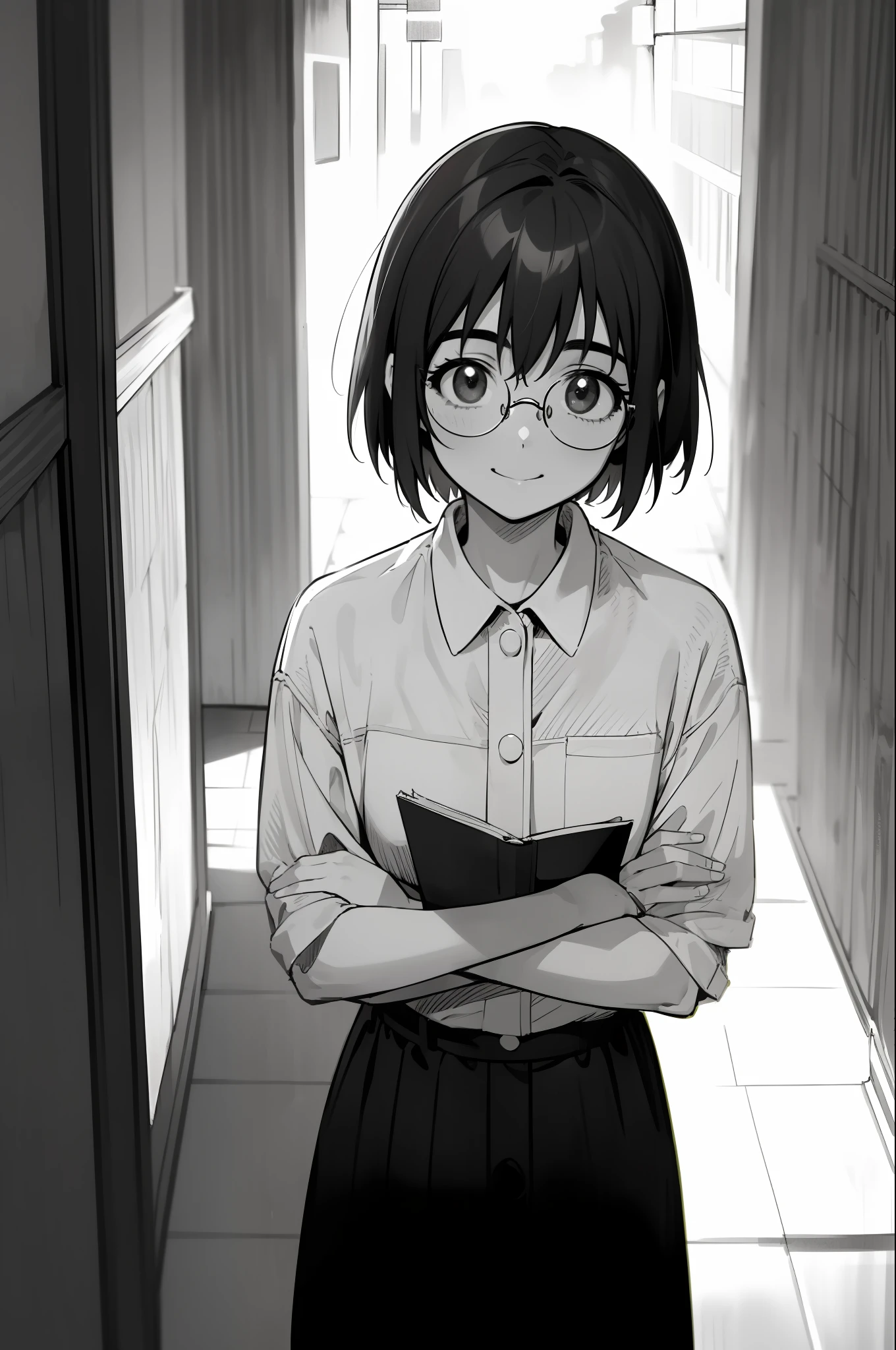 (masterpiece: 1.2), 4k, 8k, (glasses: 1.2), {Indoor|Outdoor}, {Day|Night}, {Upper Body|Cowboy Shot}, (1girl: 1.2), solo, pov, ayase fuuka, programmer, nerd, cto, front view, from above, smile, greyscale, monochrome, halftone, drawing, manga,