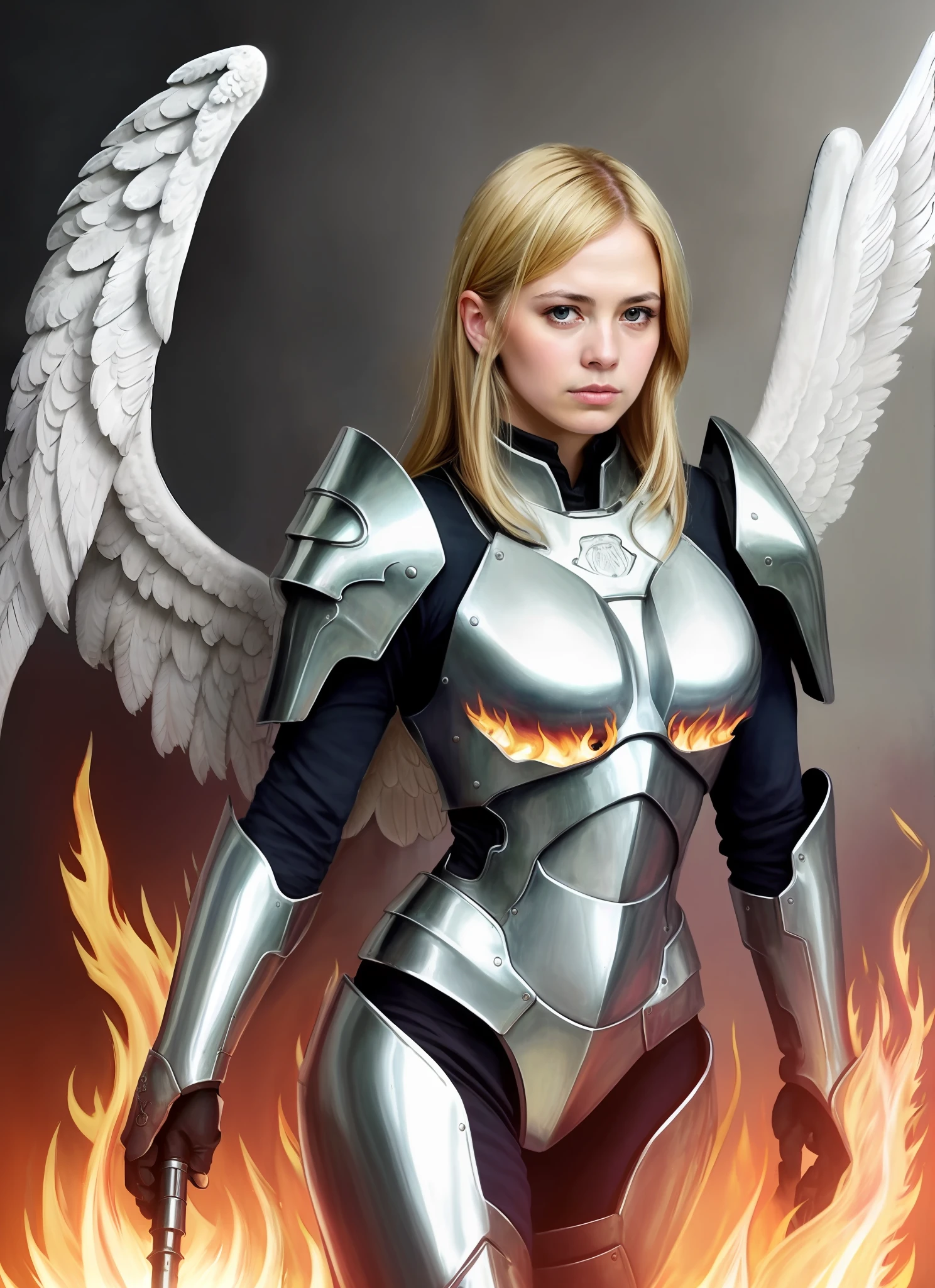 Best quality, 4K, (Sharp focus:1.1), realistic detail, angel with blonde hair, fantasy, fantasy portrait, Fire, (wings made of fire:1.3), weapon made of fire, white and gold engraved metal armor, halo made of fire, Night sky,Photorealistic,NSFW,Sexy,Female,highly-detailing,nudde,woman,breasts,Beautiful,fantasy,Pho,orealism,sportrait,Realistic,female soldier