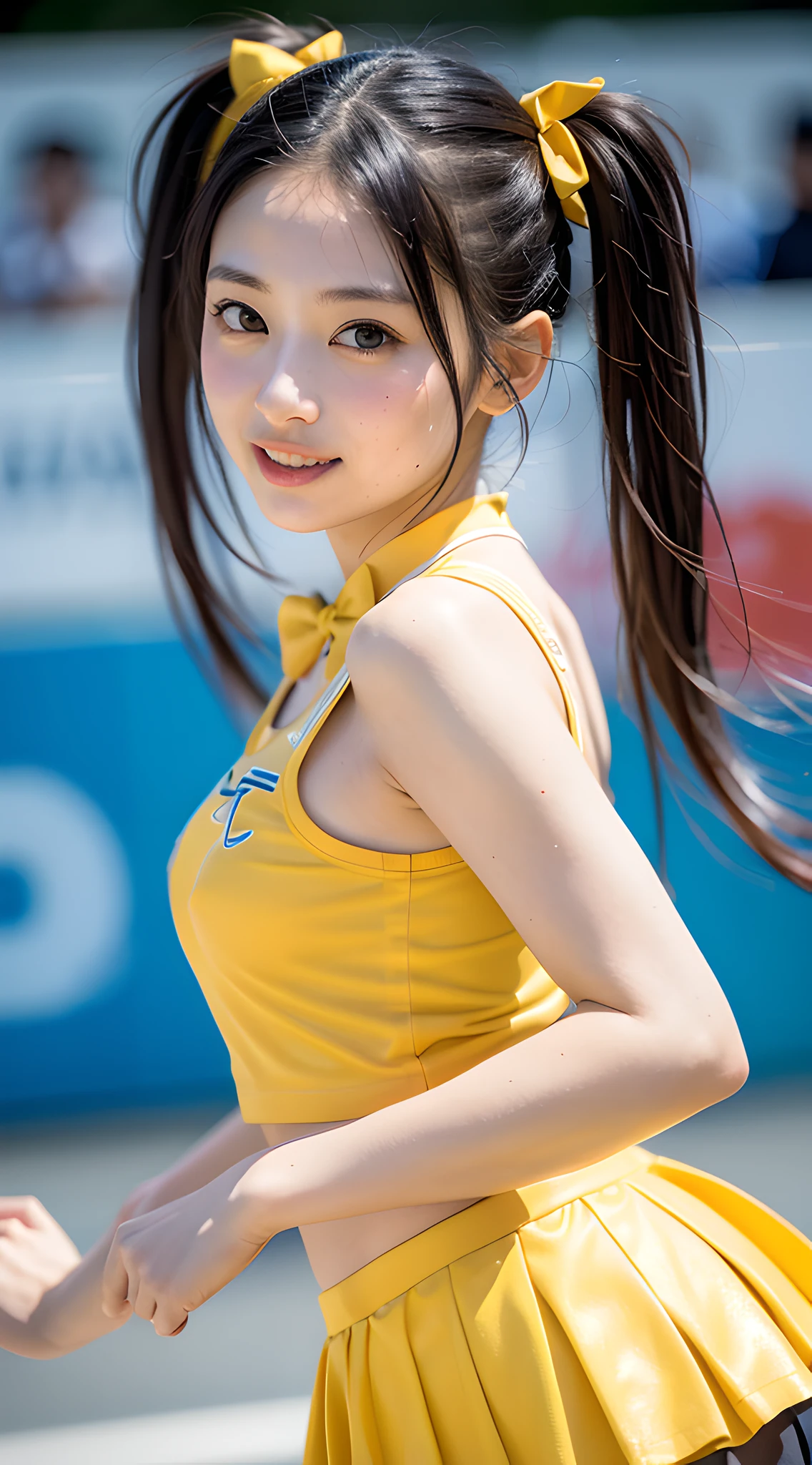 (masterpiece, best quality:1.5), beautiful girl, 8k, 50mm portrait, raw photo, absurdres, delicate girl, (close up face, dancing:1.3), violaceaess, gardeniass, upper body, front shot, twintail hair, pigtail, cheerleader, yellow cheerleader uniform, mini skirt, ribbon hair bow, looking at viewer, (smile:0.6), shiny skin, breasts focus, thin arms, very thin waist, facelight, clear lighting, film grain, chromatic aberration, stadium, (bokeh:1.1), (simple background:1.2)