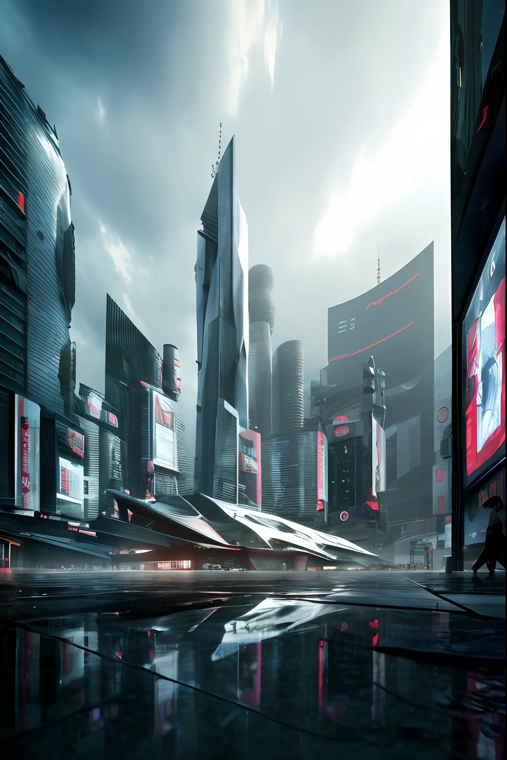 ((шедевр, Лучшее качество)), 8К, современный архитектурный стиль, фото реалистичный, Гипердетализированное фото, чистое небо, разрушенный город, киберпанк,дождь