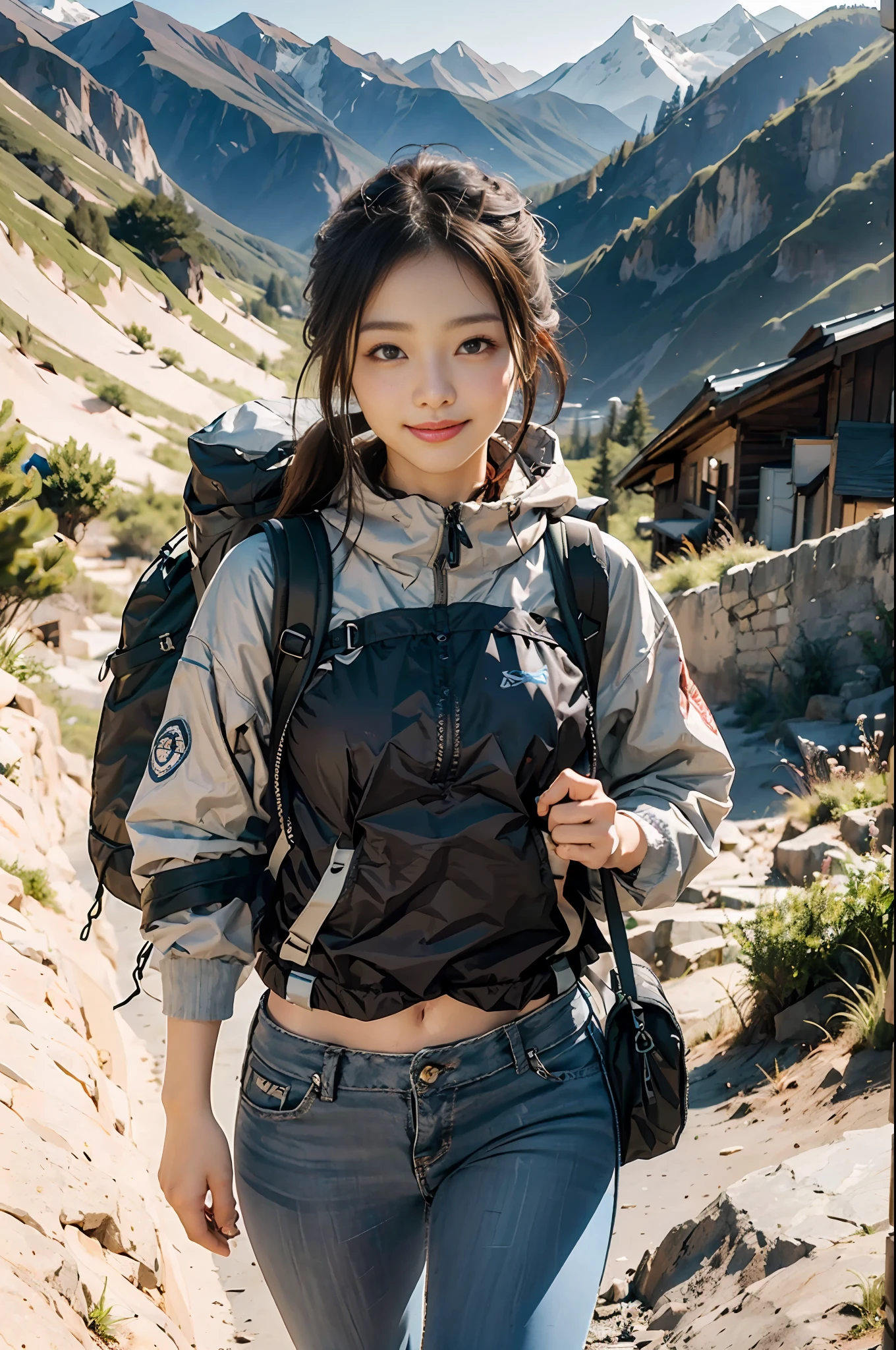 (шедевр、beste-Qualit、8k wall paper、A high resolution、A hyper-realistic)、2girls、Whole body from a little distance, facing front、Beautiful Face、Beautiful eyes、Beautiful nose、Beautiful mouth、Wear black-eyed patagonia, Carrying a large backpack:1.2、Mountain girl style、backpacker, mountaineer, In the middle of climbing、Watching a beautiful sunset、Trekking Shoes、Half pants、2 girls、2 people、Smiling and smiling