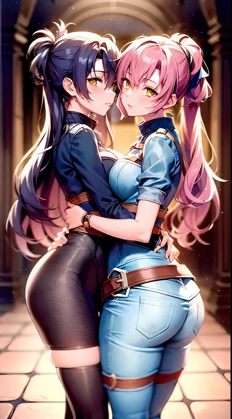 2 girls kissing and hugging, they are fie claussell and sara valestein (from cold steel trails 4), masterpiece, best quality, 8k...