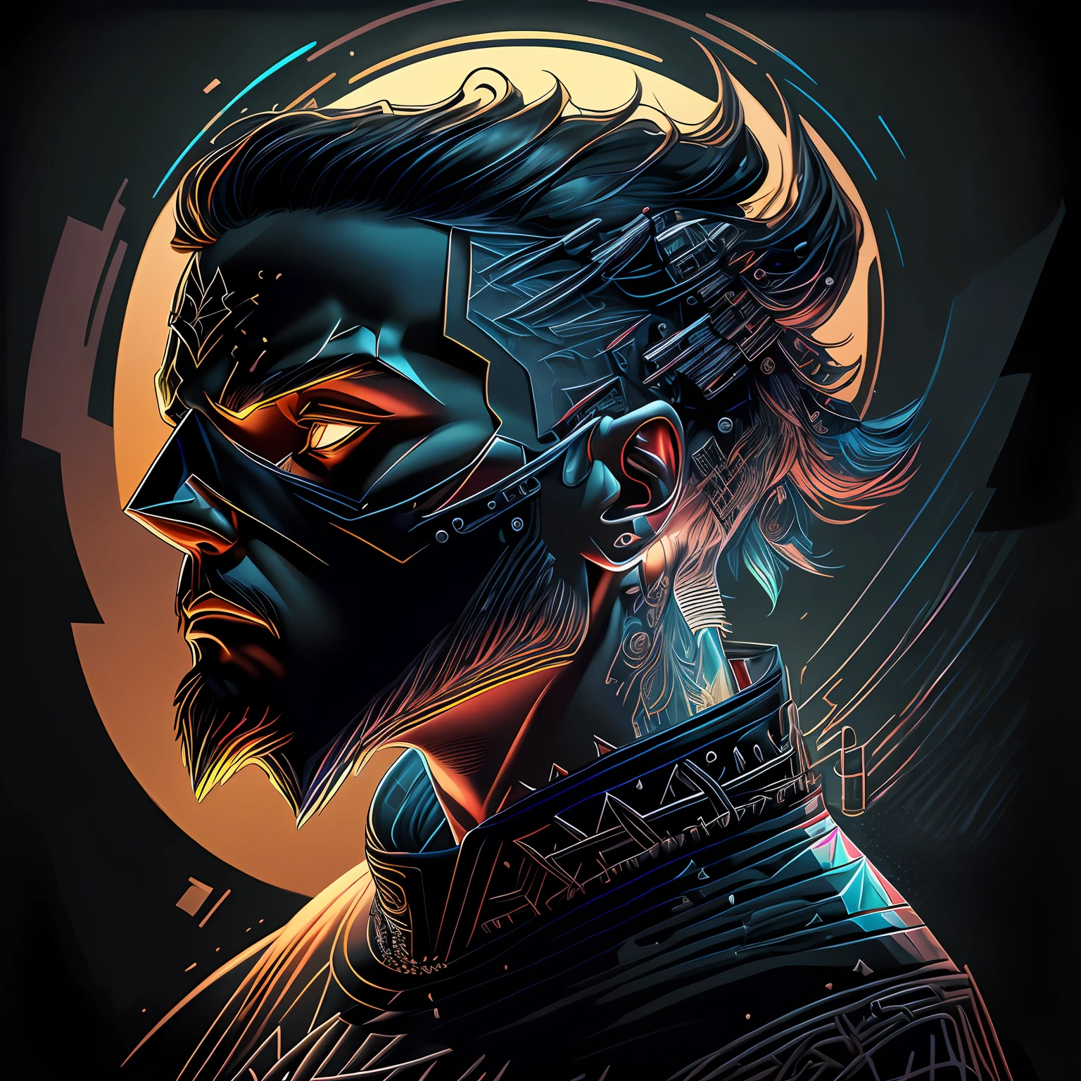 t-shirt art, 2D, ((black background :1, 5)), vector, vivid colors, 80s rockstar outfit character, masterpiece, best quality, intricate details, perfect symmetrical face, realistic details, gothic theme, light edge, moonlight, cinematic shading, Greg Rutkowisk --auto