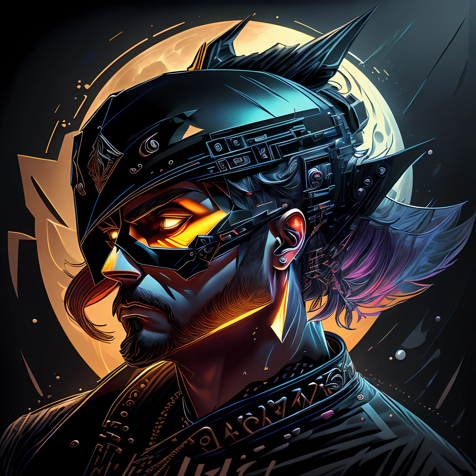 t-shirt art, 2D, ((black background :1, 5)), vector, vivid colors, 80s rockstar outfit character, masterpiece, best quality, intricate details, perfect symmetrical face, realistic details, gothic theme, light edge, moonlight, cinematic shading, Greg Rutkowisk --auto