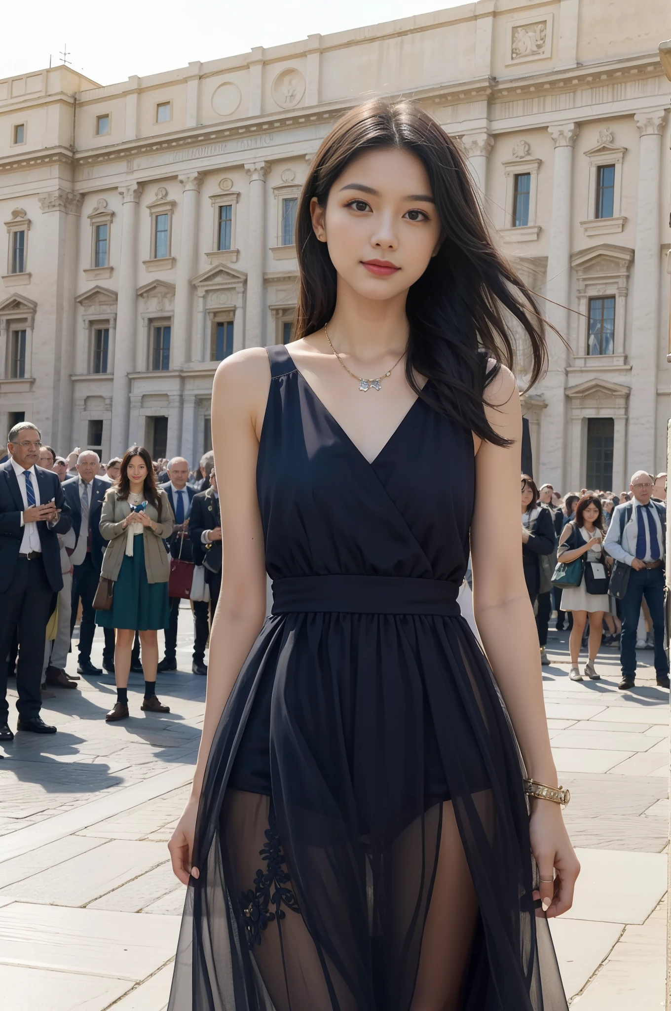 masterpiece, 4K, best quality, FELute, necklace,gorgeous dress, (on the St. Peter's Square of Vatican,crowd),bracers, cowboy shot, looking at viewer, smirk, hand up