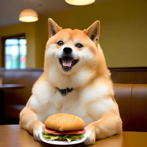 a professional photo of [(((buff swoledoge))):buff swoledoge:8], grinning, dog body, eating a large burger in a restaurant, cine...