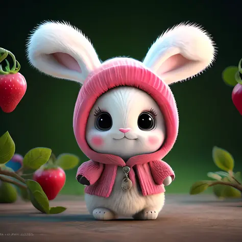 : 3. bunny, realistic, furry animal, apple, black eye, blush, cherry, food, fruit, full body, hat, non-human, strawberry, tomato...