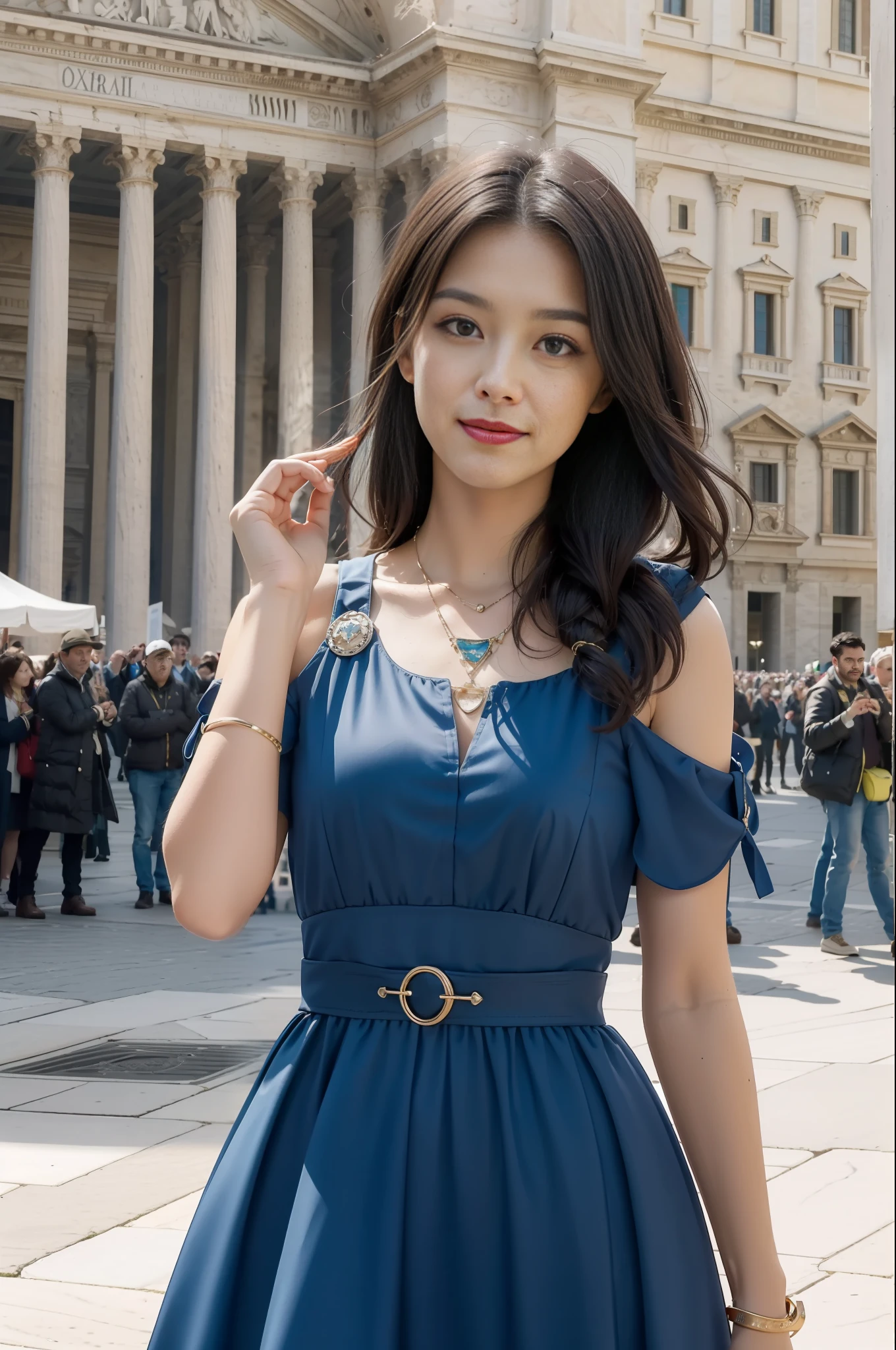 masterpiece, 4K, best quality, FELute, necklace, gorgeous dress, (on the St. Peter's Square of Vatican,crowd),bracers,cowboy shot, looking at viewer, smirk, hand up