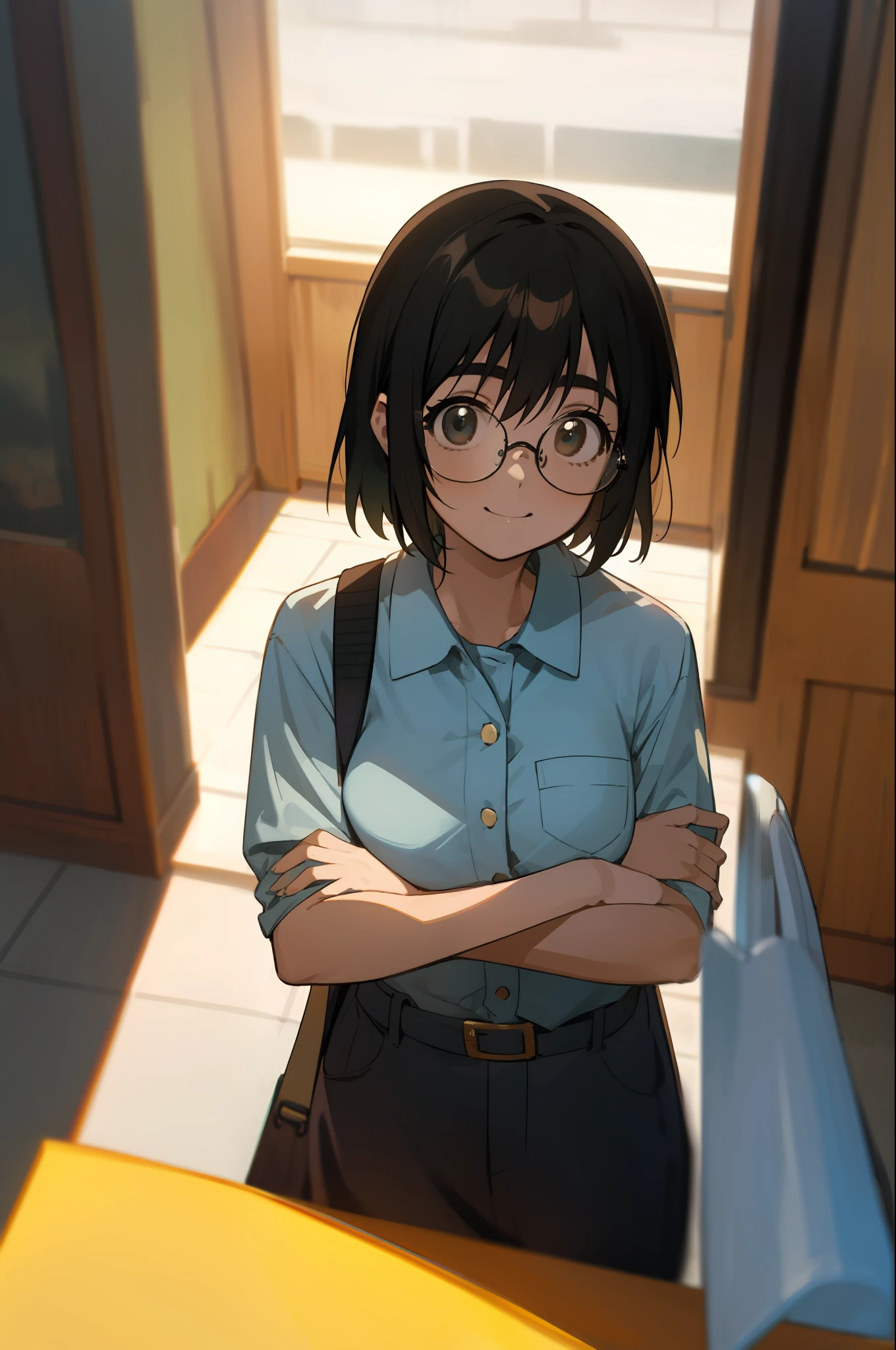 (masterpiece: 1.2), 4k, 8k, (glasses: 1.2), {Indoor|Outdoor}, {Day|Night}, {Upper Body|Cowboy Shot}, (1girl: 1.2), solo, pov, ayase fuuka, programmer, nerd, cto, front view, from above, smile, full color scale, halftone, drawing, manga,