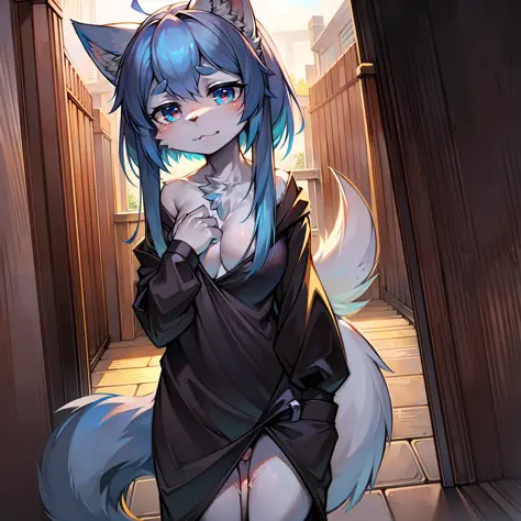 furry，female，no clothe，standingn，Blue hair，wolf，Loving pupils，-nsfw