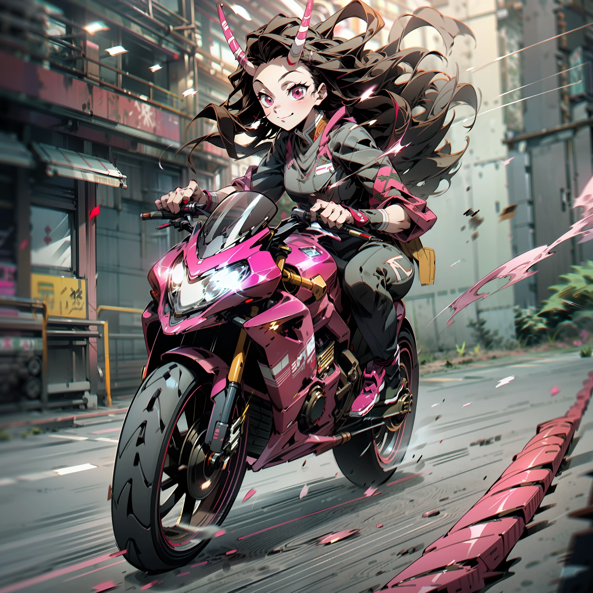 (masterpiece, best quality:1.2), kimetsu no yaiba style, kamado nezuko, (1girl, solo), 20years old, full body, (black and pink rider suit), (red demon horns, red eyes), evil smile, BREAK (driving motorcycle on the city with high speed, yhmotorbike), (slow motion:1.3), (Motion blur:1.3), (speed lines:1.4), sense of speed, sparks and smoke coming out of tires