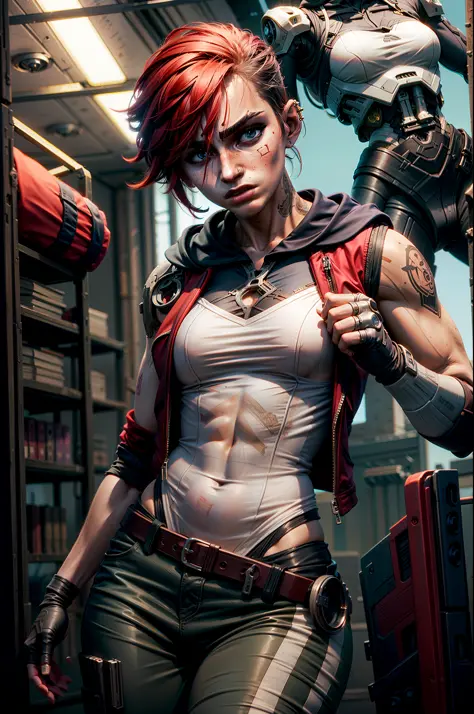 (masterpiece, best quality), intricate details, reelmech, wires, pistons, cyborg, cyberpunk, v1l0l, 1girl, red jacket, sleeveles...