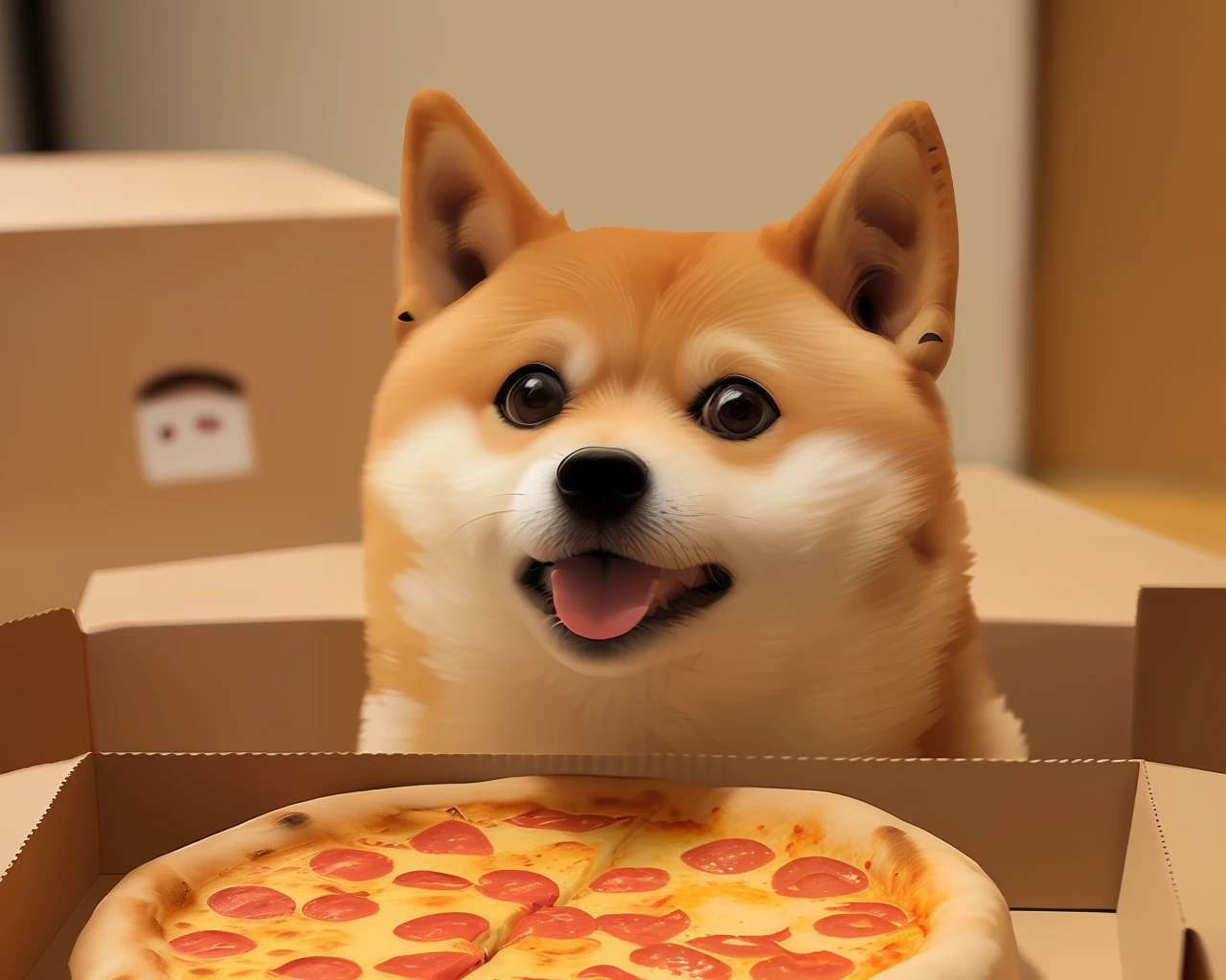 A cute ((doge)) and box of pizza photos, soft rendering, low detail, ultra-graphics, cinematic theatrical lighting, advanced perspective, colorful, happy, bokeh