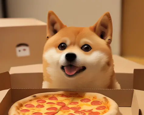 a cute ((doge)) and box of pizza photos, soft rendering, low detail, ultra-graphics, cinematic theatrical lighting, advanced per...