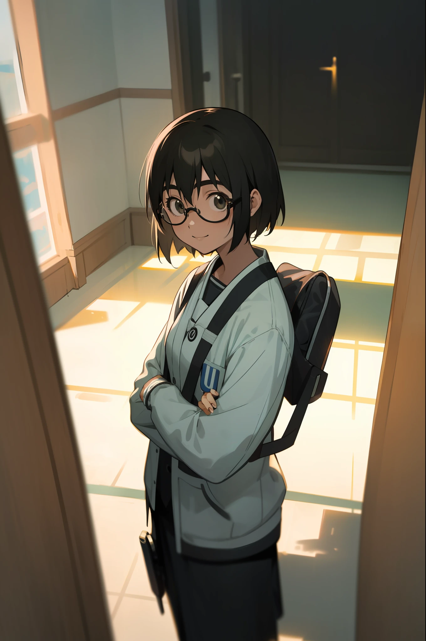 (Masterpiece: 1.2), 4k, 8K, (Glasses: 1.2), {indoor|Outdoor}, {day|the night}, {upper half body|cowboy shots}, (1Girl: 1.2), Solo, POV, ayase fuuka, programmer, nerd, Chief Technology Officer(CTO), Front view, from above, Smile, full color scale, halftone, illustration, manga, Light from reflectors, (ultra-detaile: 1.2), Filming by professionals, (Light Skin:1.2)