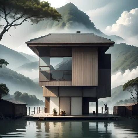 A small modern house in the middle of the rainforest by the lake..,.It's raining.,loft style ,It's cold but warm.,Fog,master-piece,High Quality,10,(bestquality:1.0),Surrounded by mountains and lakes, clear water.