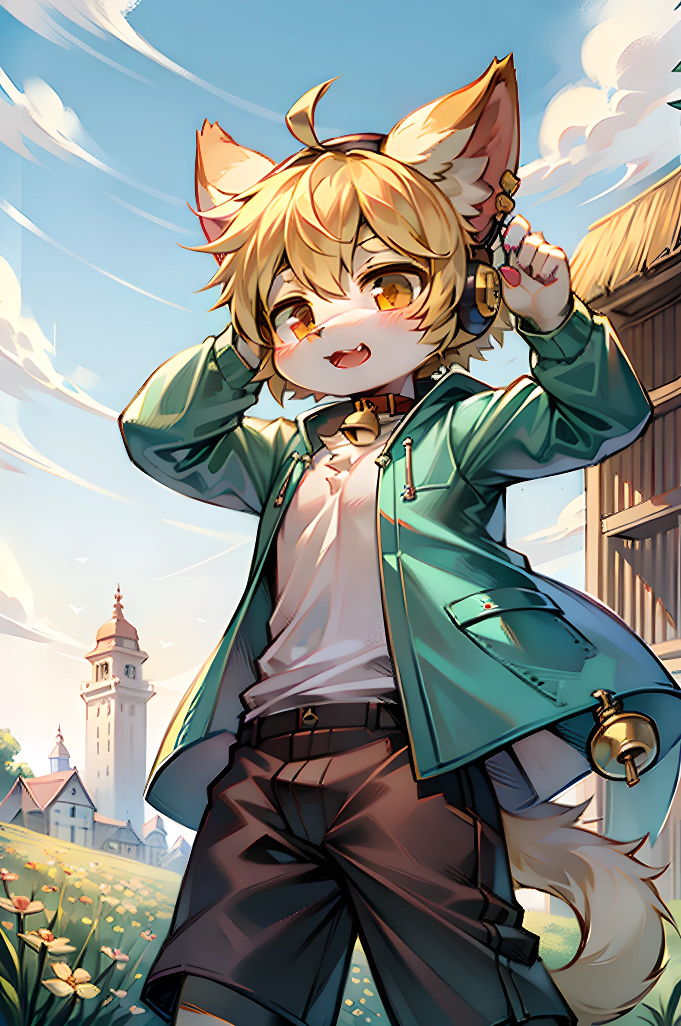 field, garden, band-aid, short hair, blonde, ahoge, bell collar, headphones, lower body, child, furry, cat ears, open mouth, clouds, sky, sky, sun, in summer, no spots, cubs, yellow hair everywhere, yellow fur everywhere, cat ears, cat type, big fluffy tail, masterpiece, high-quality portrait, human figure, cub, beard, lone child boy, wind, pose, full shot, sky blue coat, gray shorts, yellow scarf, white shirt, super cute face, Hands, meat pads, layered, Furry