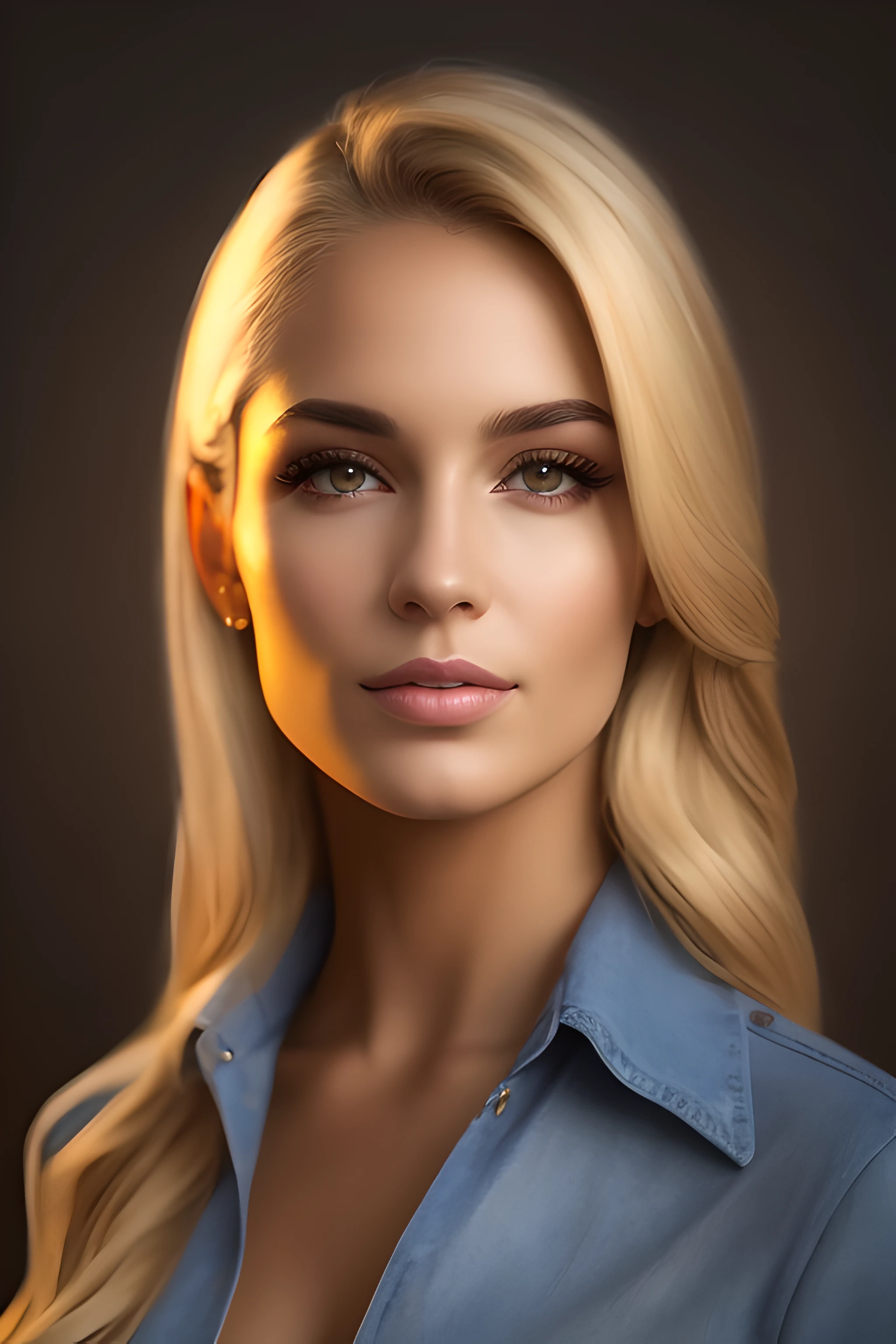 一個美麗的金髮女郎的肖像, 巴西女人, 中等長度, 逼真的超高清臉孔, 深棕色眼睛, 柯達 Ultra Max 800, 85毫米, 休闲姿势, C 心對稱複合材料, 傑作, 粒状的, 構圖居中--自動--自動