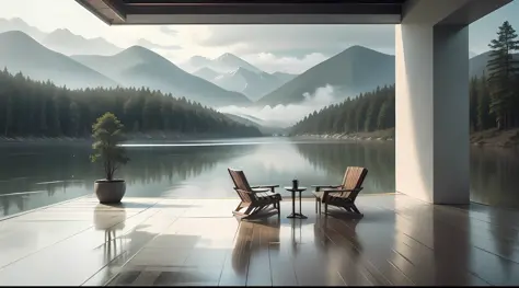 On the balcony of a small modern house by the lake....(Pine forest),.It's raining.,loft style ,It's cold but warm.,Fog,master-piece,High Quality,10,(bestquality:1.0),Surrounded by mountains and lakes, clear water.
